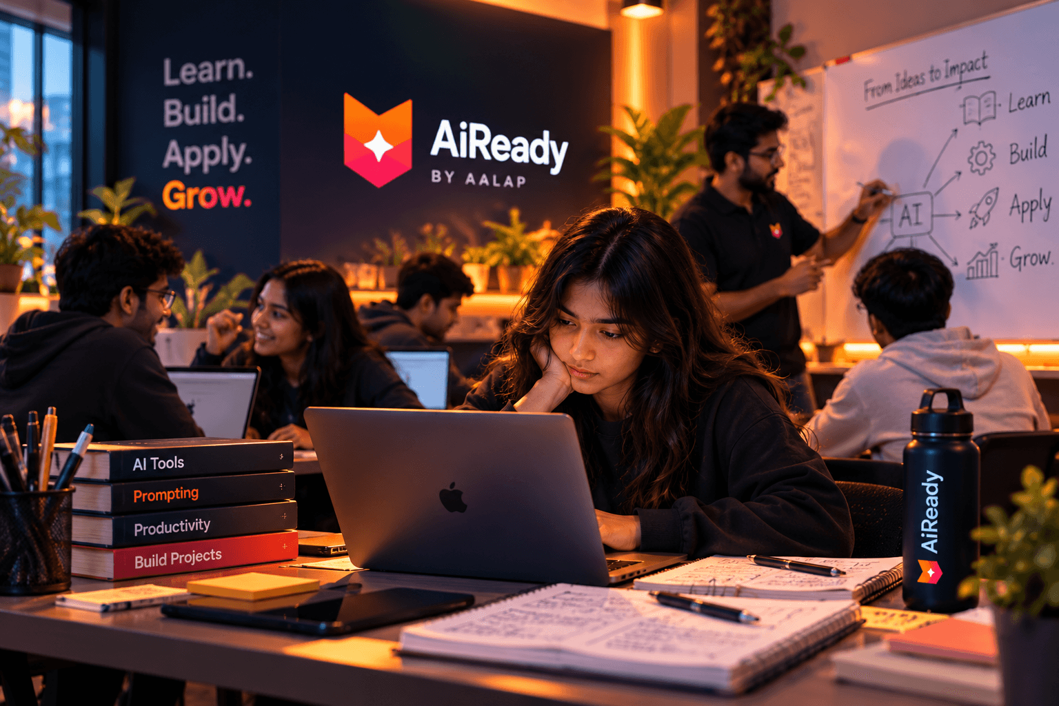 A focused learner studying with AI tools while an instructor maps the Learn, Build, Apply, Grow journey on a whiteboard
